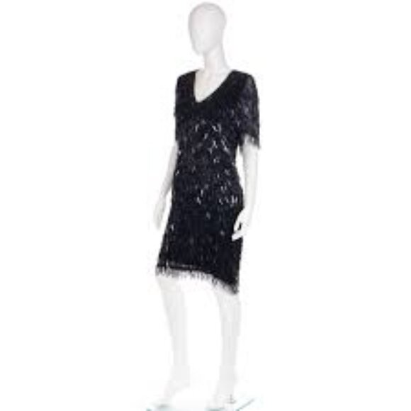 Vintage OLEG CASSINI BLACK TIE Beaded Fringe Sequin 100% Silk Cocktail Dress 6 - Picture 1 of 11